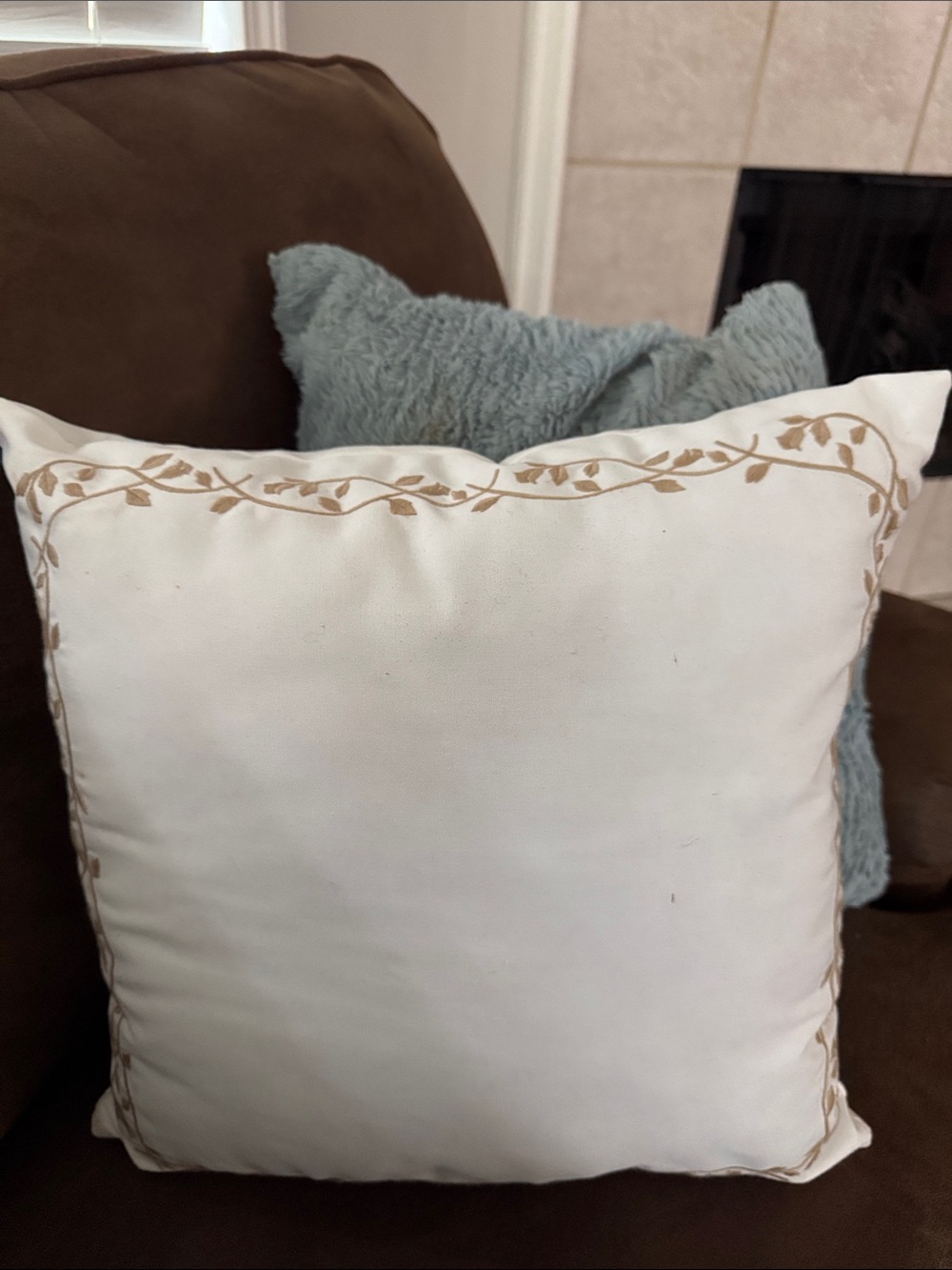 Indoor/ Outdoor Accent Pillow - White with Tan Embroidery my Texas home 18x18”